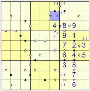 Стандартные правила Судоку Точки - квадрат, выделенный синим цветом, должен быть, конечно, 6