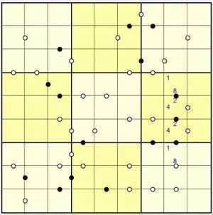 Стандартные правила Судоку Точки - самые левые белые квадраты в центре справа 3x3 не могут содержать 1 или 3