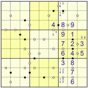 Стандартные правила Судоку Точки - можем видеть, что 5 может идти только в одном из двух нижних квадратов