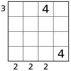 Процесс решения головоломки Небоскребы - помещаем число 4 в квадрат