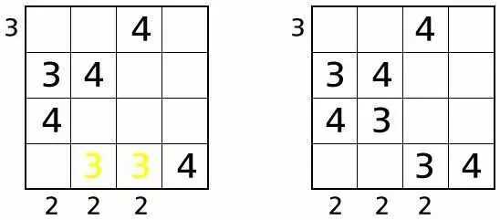 Решение головоломки Небоскребы - мы увидим число 3 дважды в строке 4