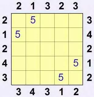 Пример разгадывания головоломки небоскребы - поместить 5 в самый центр сетки