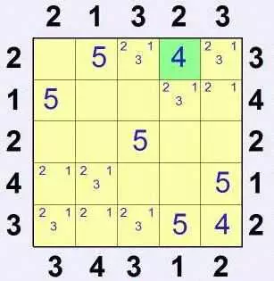 Пример разгадывания головоломки небоскребы - поместить «4» в 4-ю строку вниз
