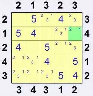 Пример разгадывания головоломки небоскребы - Квадрат внизу не может содержать 1