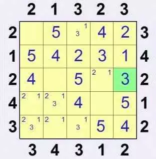 Пример разгадывания головоломки небоскребы - одно место для '3' подходит для 4-й строки